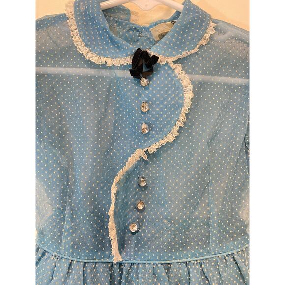 1950s Blue /White Spotted Sheer Pinafore Union Made Rare Belted Girls Dress 3y - Picture 8 of 13